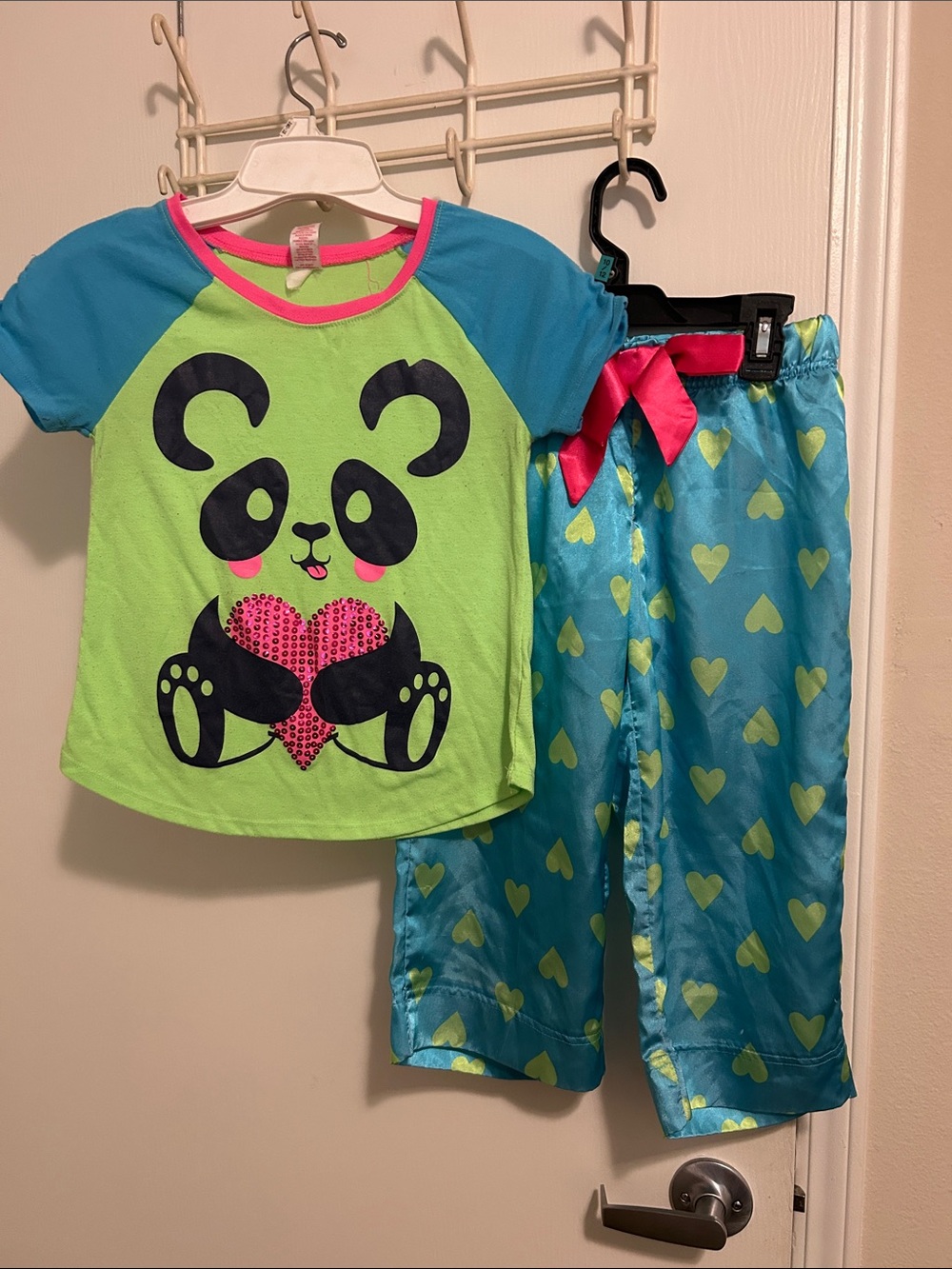 SO Lime Green Panda Short Sleeve Pajama Set with Blue silky pants w/ lime Green💚